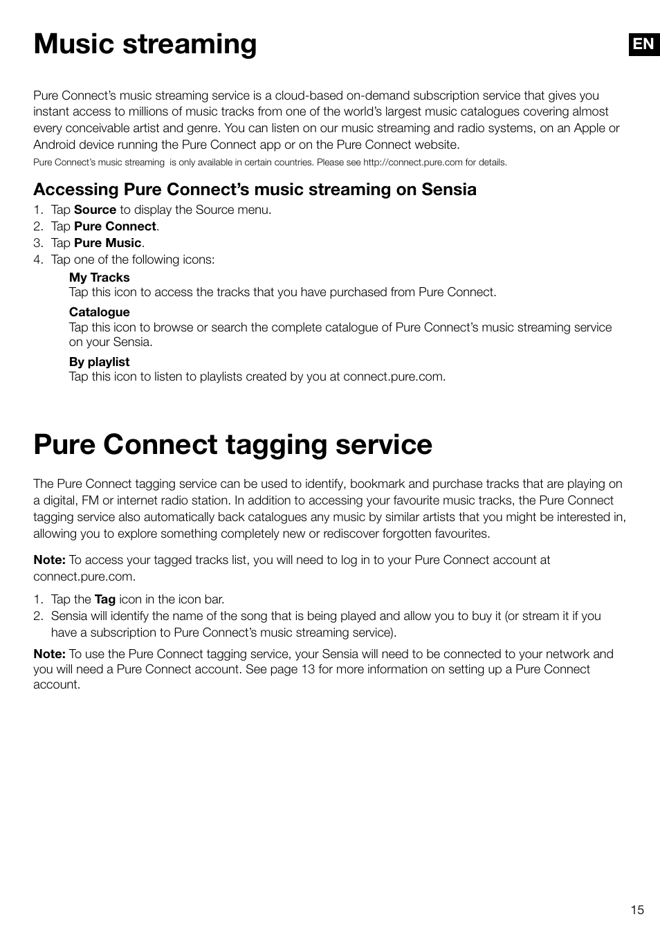 Music streaming, Pure connect tagging service, Accessing pure connect’s music streaming on sensia | Pure Sensia 200D Connect User Manual | Page 17 / 180