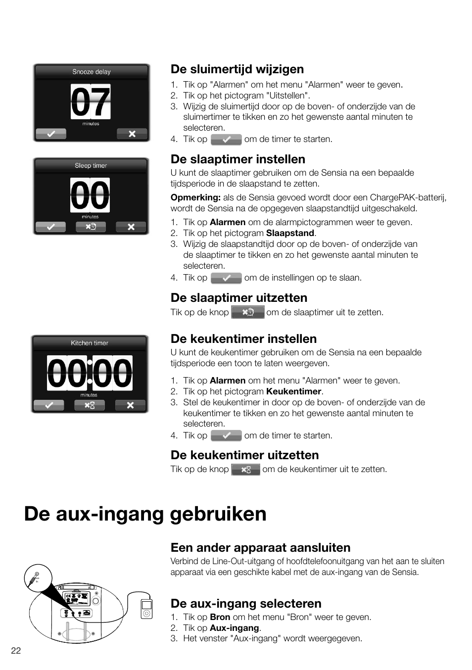 De aux-ingang gebruiken, Een ander apparaat aansluiten, De aux-ingang selecteren | De sluimertijd wijzigen, De slaaptimer instellen, De slaaptimer uitzetten, De keukentimer instellen, De keukentimer uitzetten | Pure Sensia 200D Connect User Manual | Page 170 / 180