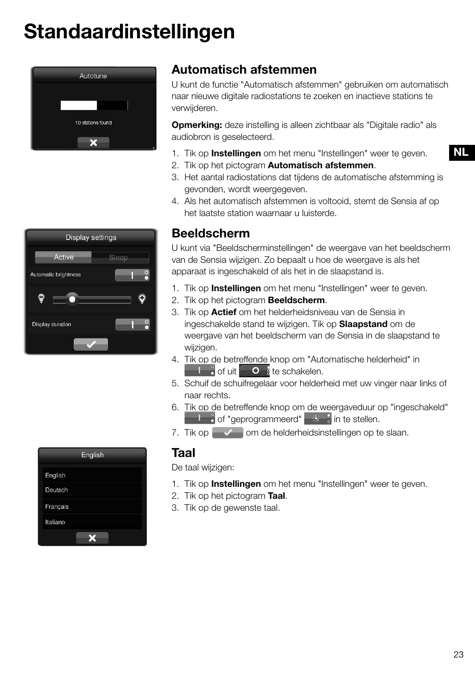 Standaardinstellingen, Automatisch afstemmen, Beeldscherm | Taal | Pure Sensia 200D Connect User Manual | Page 171 / 180