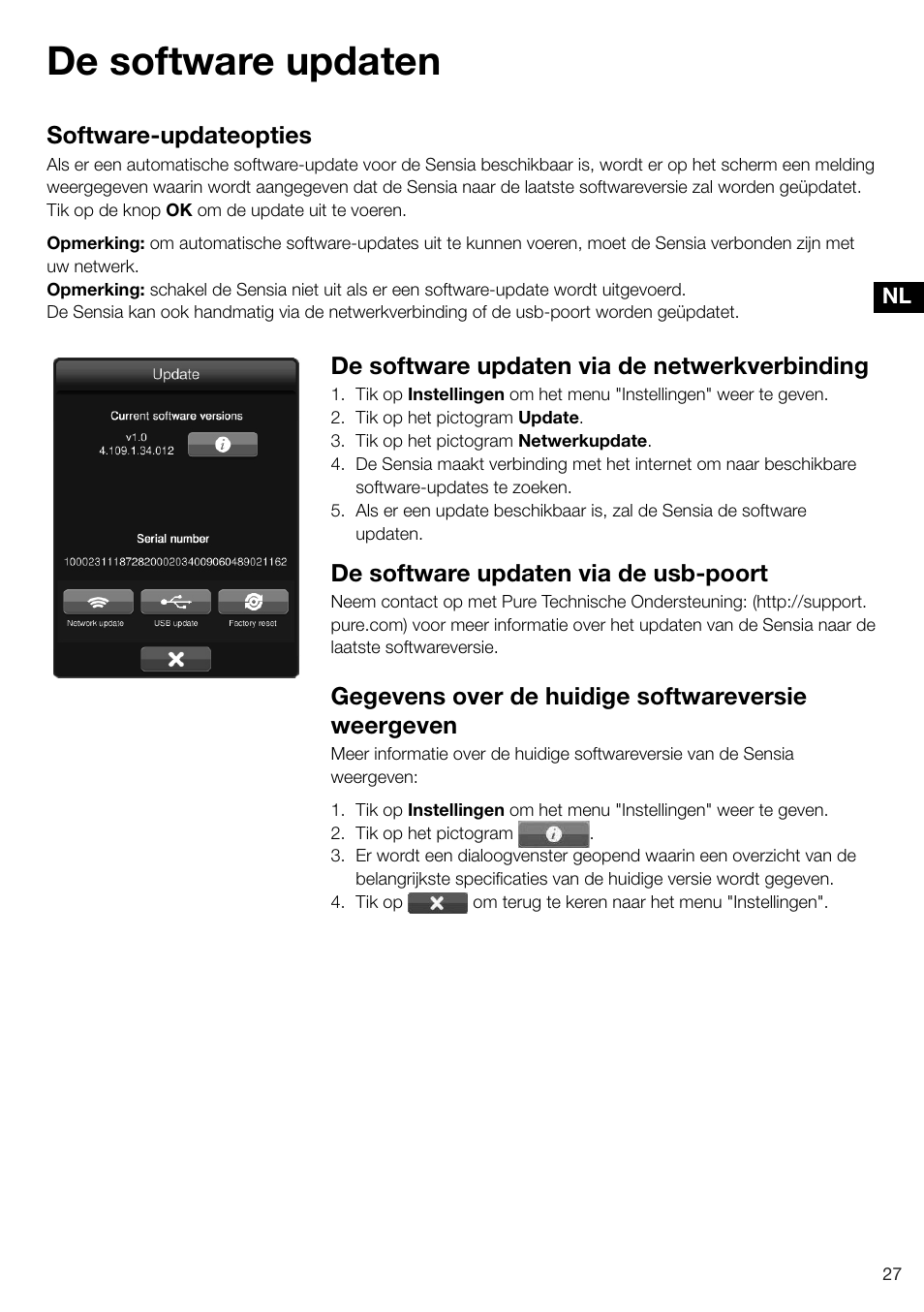 De software updaten, Software-updateopties, De software updaten via de netwerkverbinding | De software updaten via de usb-poort, Gegevens over de huidige softwareversie weergeven | Pure Sensia 200D Connect User Manual | Page 175 / 180