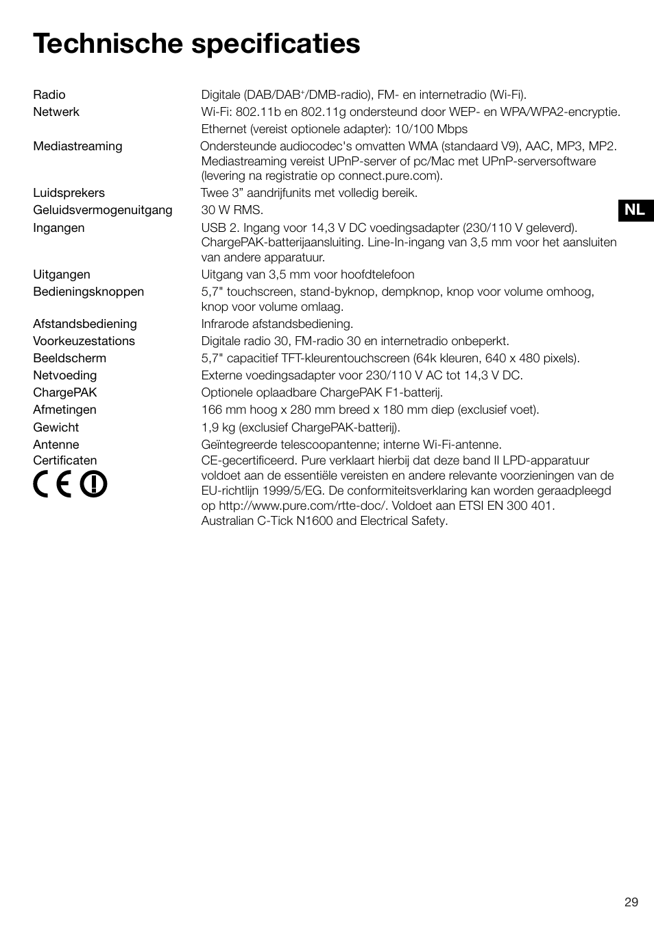 Technische specificaties | Pure Sensia 200D Connect User Manual | Page 177 / 180