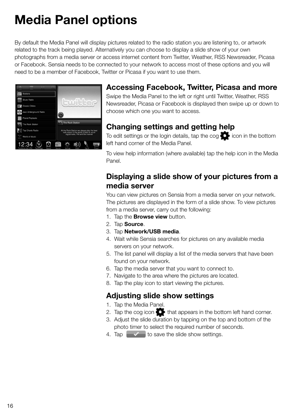 Media panel options, Accessing facebook, twitter, picasa and more, Changing settings and getting help | Adjusting slide show settings | Pure Sensia 200D Connect User Manual | Page 18 / 180