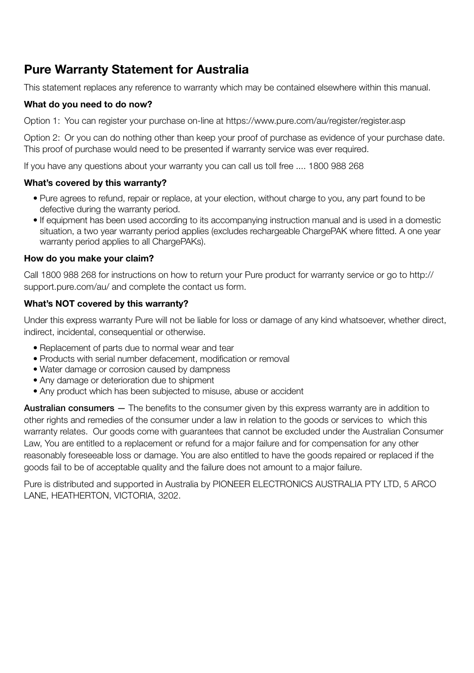 Pure warranty statement for australia | Pure Sensia 200D Connect User Manual | Page 2 / 180