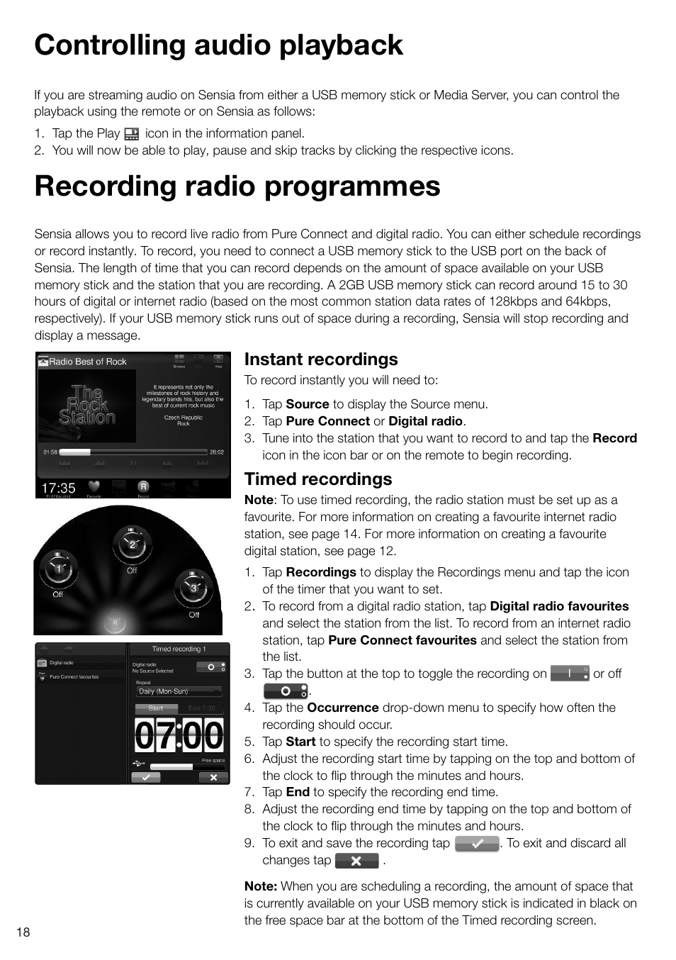 Recording radio programmes, Controlling audio playback, Instant recordings | Timed recordings | Pure Sensia 200D Connect User Manual | Page 20 / 180