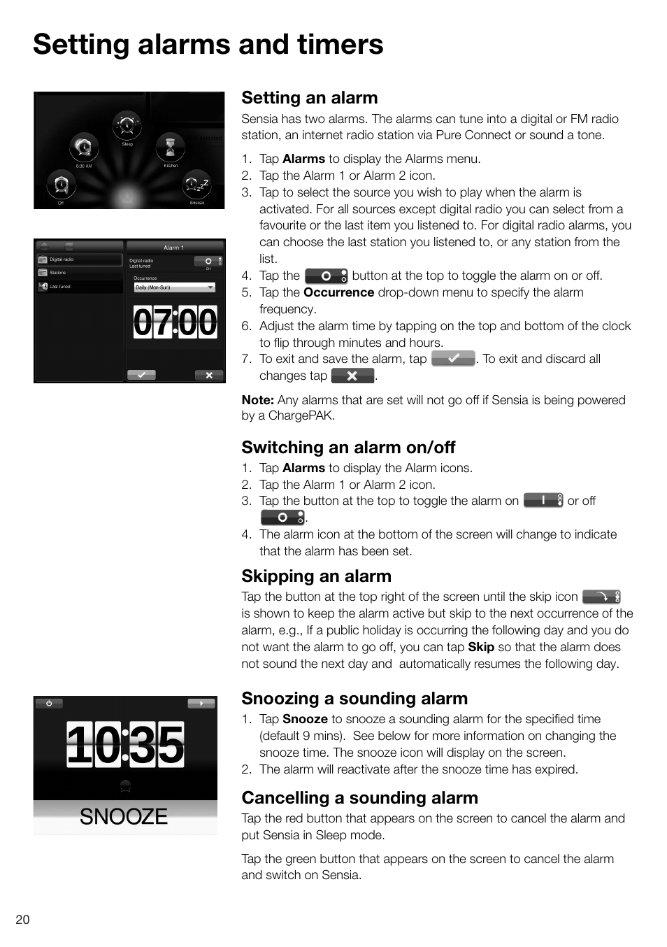 Setting alarms and timers, Setting an alarm, Switching an alarm on/off | Skipping an alarm, Snoozing a sounding alarm, Cancelling a sounding alarm | Pure Sensia 200D Connect User Manual | Page 22 / 180