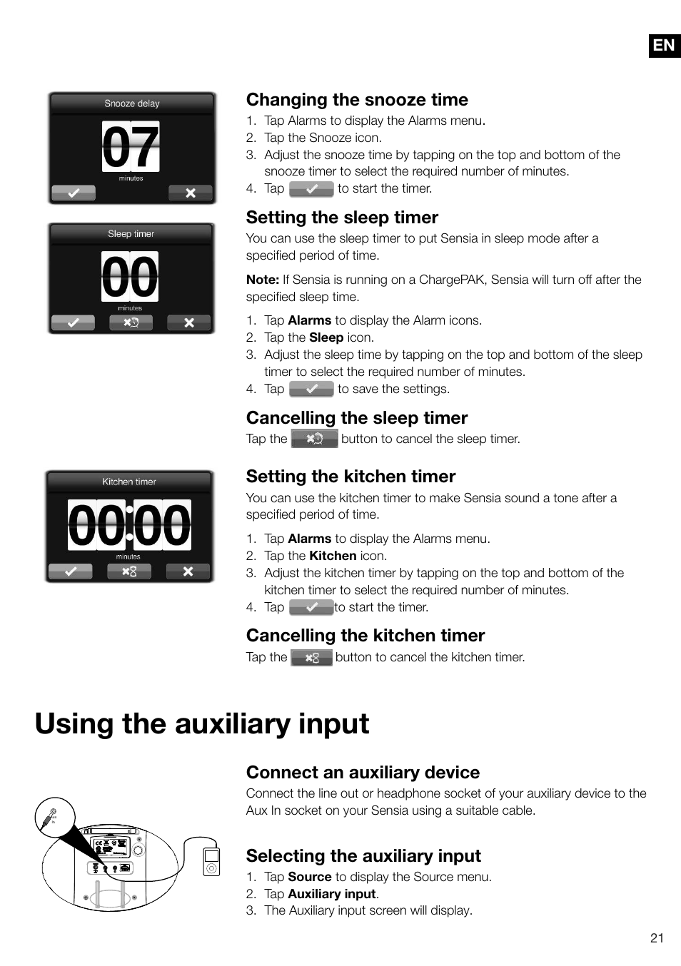 Using the auxiliary input, Connect an auxiliary device, Selecting the auxiliary input | Changing the snooze time, Setting the sleep timer, Cancelling the sleep timer, Setting the kitchen timer, Cancelling the kitchen timer | Pure Sensia 200D Connect User Manual | Page 23 / 180