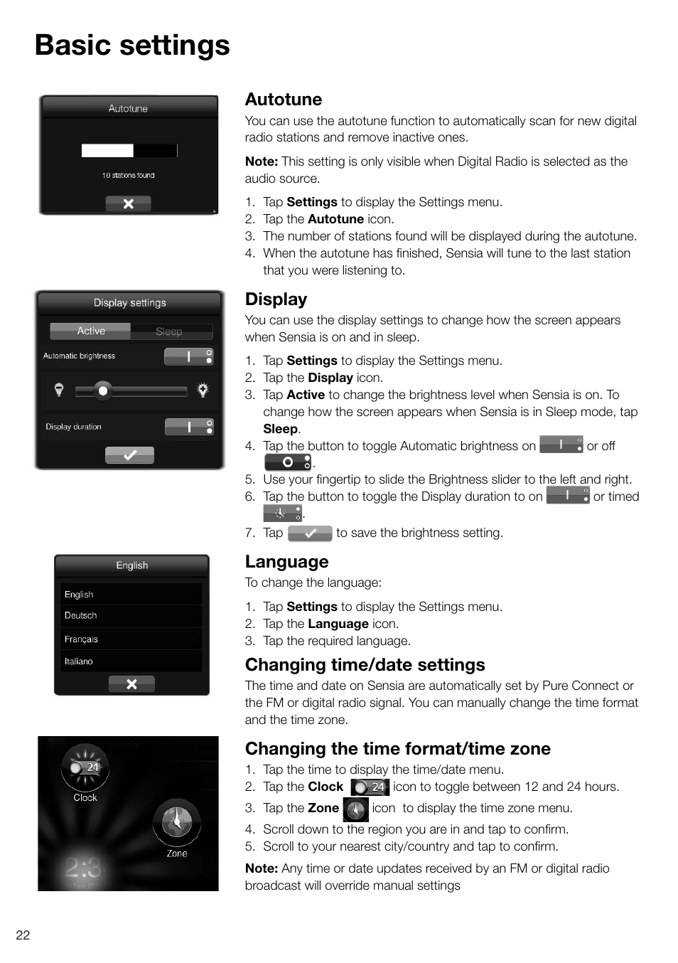 Basic settings, Autotune, Display | Language, Changing time/date settings, Changing the time format/time zone | Pure Sensia 200D Connect User Manual | Page 24 / 180