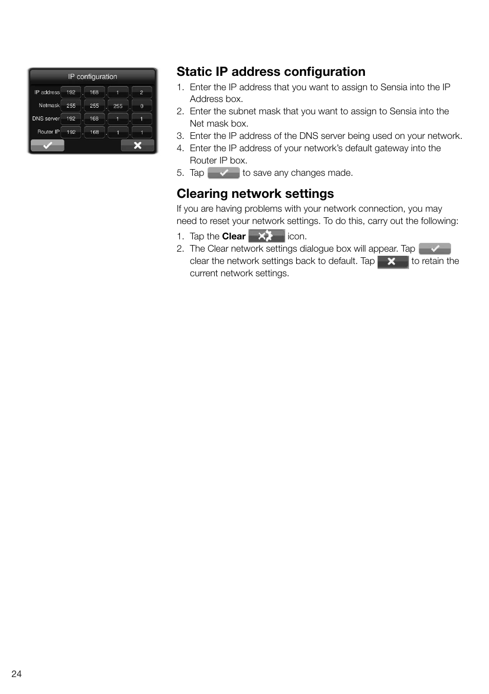 Static ip address configuration, Clearing network settings | Pure Sensia 200D Connect User Manual | Page 26 / 180