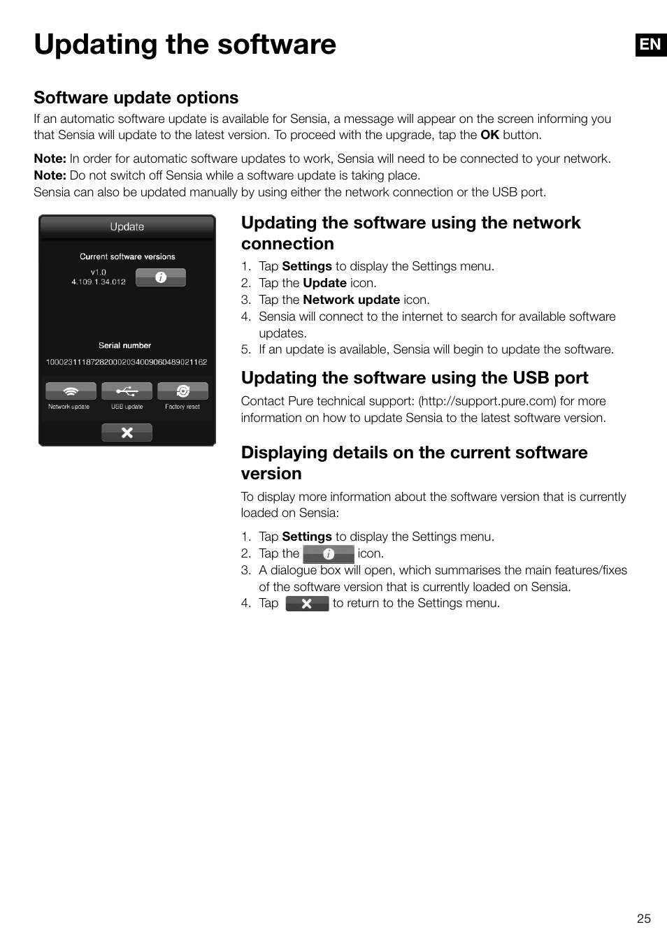 Updating the software, Software update options, Updating the software using the network connection | Updating the software using the usb port, Displaying details on the current software version | Pure Sensia 200D Connect User Manual | Page 27 / 180