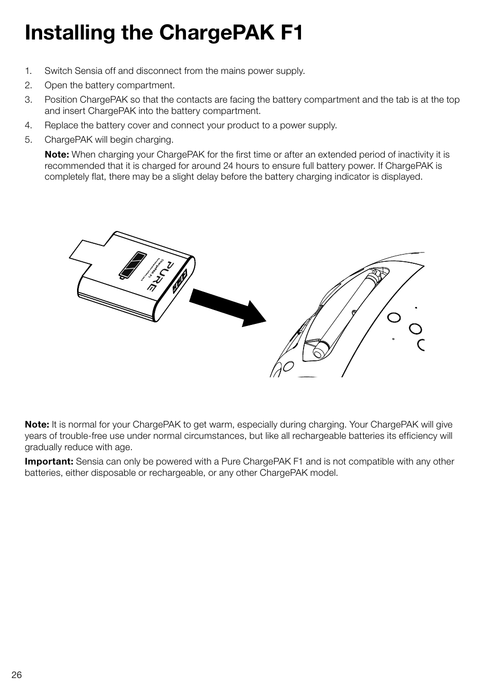 Installing the chargepak f1 | Pure Sensia 200D Connect User Manual | Page 28 / 180