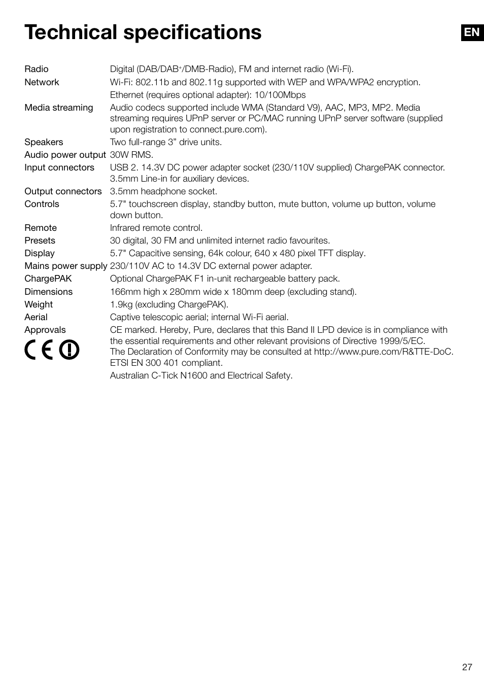 Technical specifications | Pure Sensia 200D Connect User Manual | Page 29 / 180