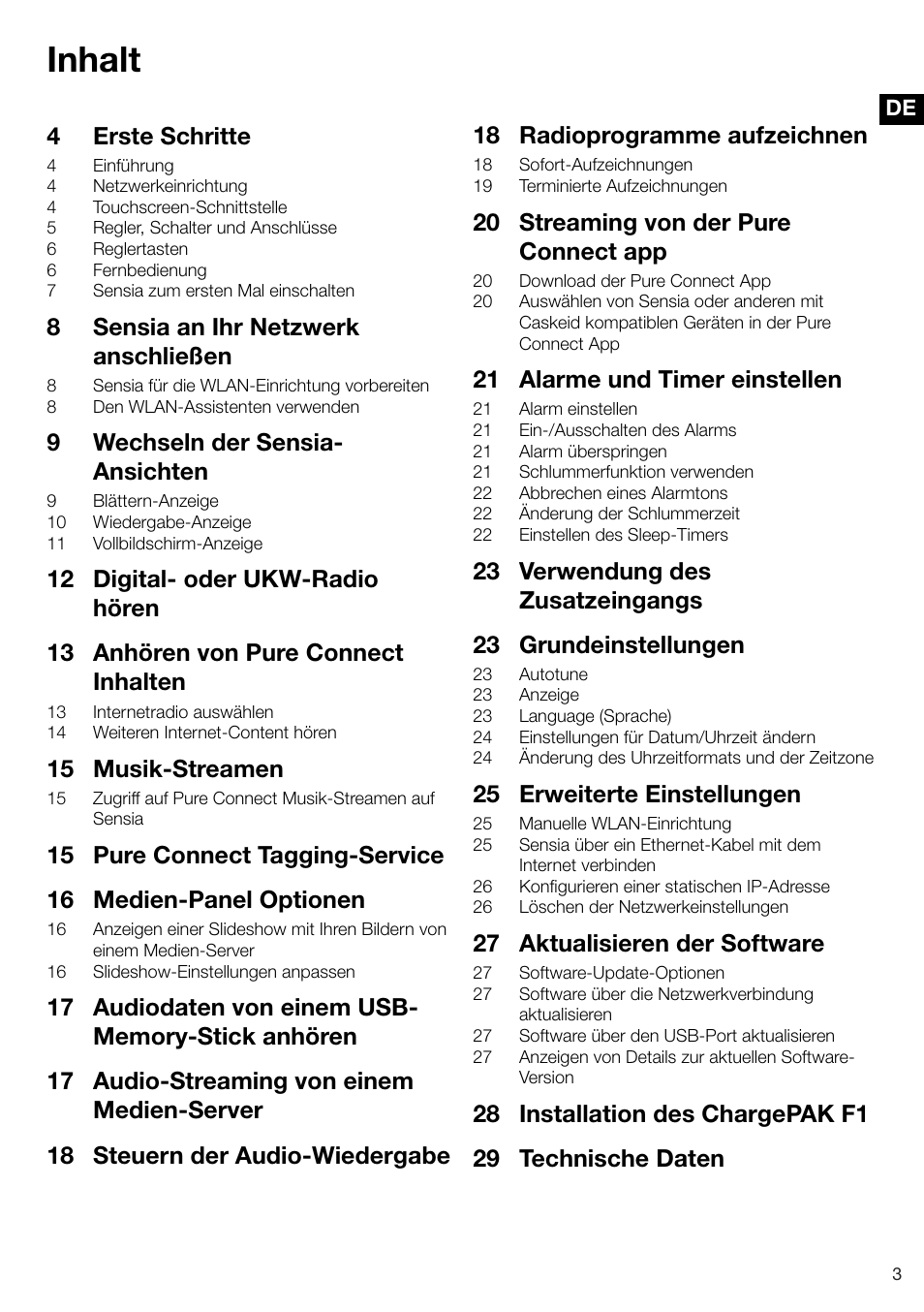 Inhalt, 4 erste schritte, 8 sensia an ihr netzwerk anschließen | 9 wechseln der sensia- ansichten, 15 musik-streamen, 20 streaming von der pure connect app, 21 alarme und timer einstellen, 25 erweiterte einstellungen, 27 aktualisieren der software | Pure Sensia 200D Connect User Manual | Page 33 / 180