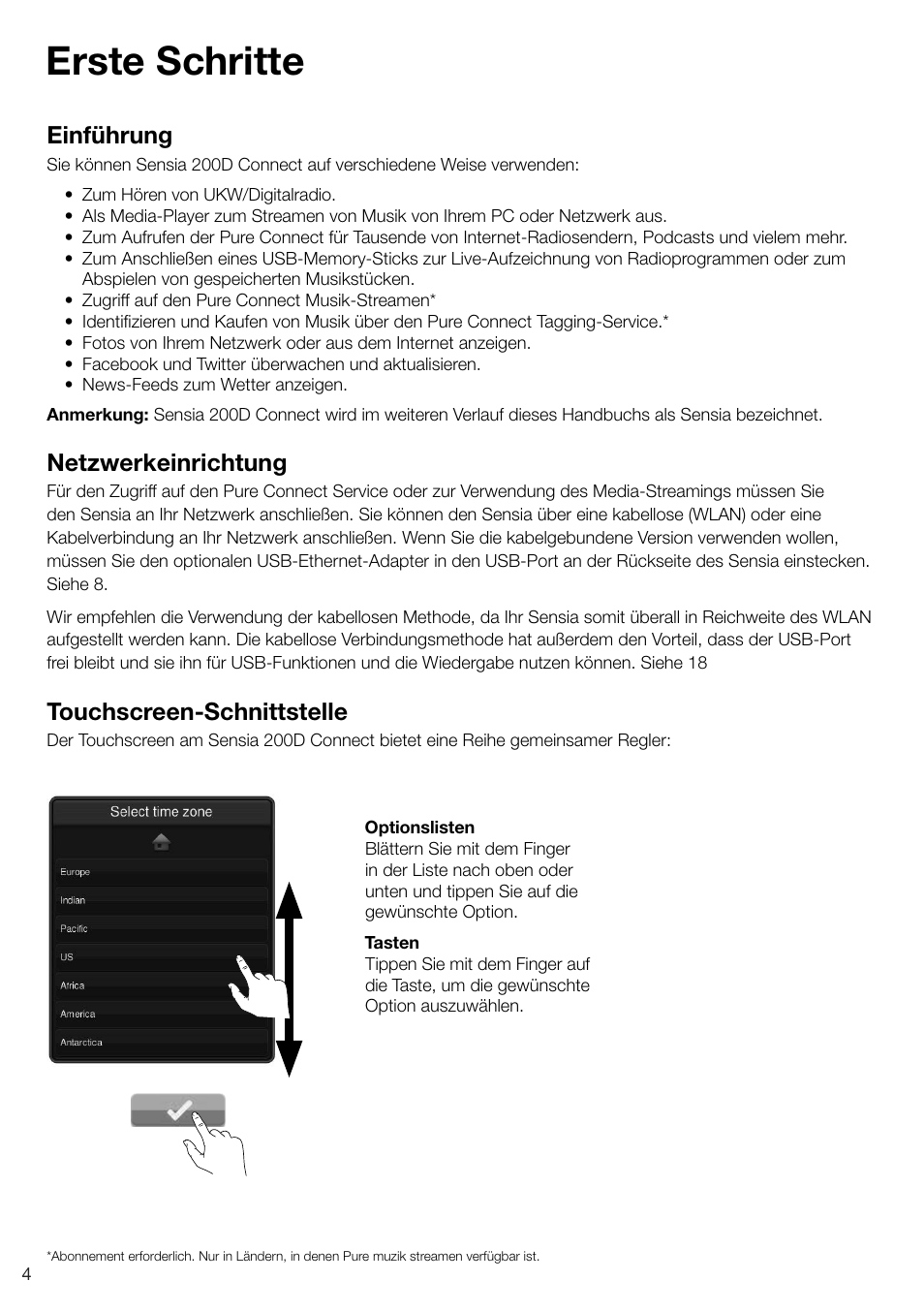 Erste schritte, Einführung, Netzwerkeinrichtung | Touchscreen-schnittstelle | Pure Sensia 200D Connect User Manual | Page 34 / 180