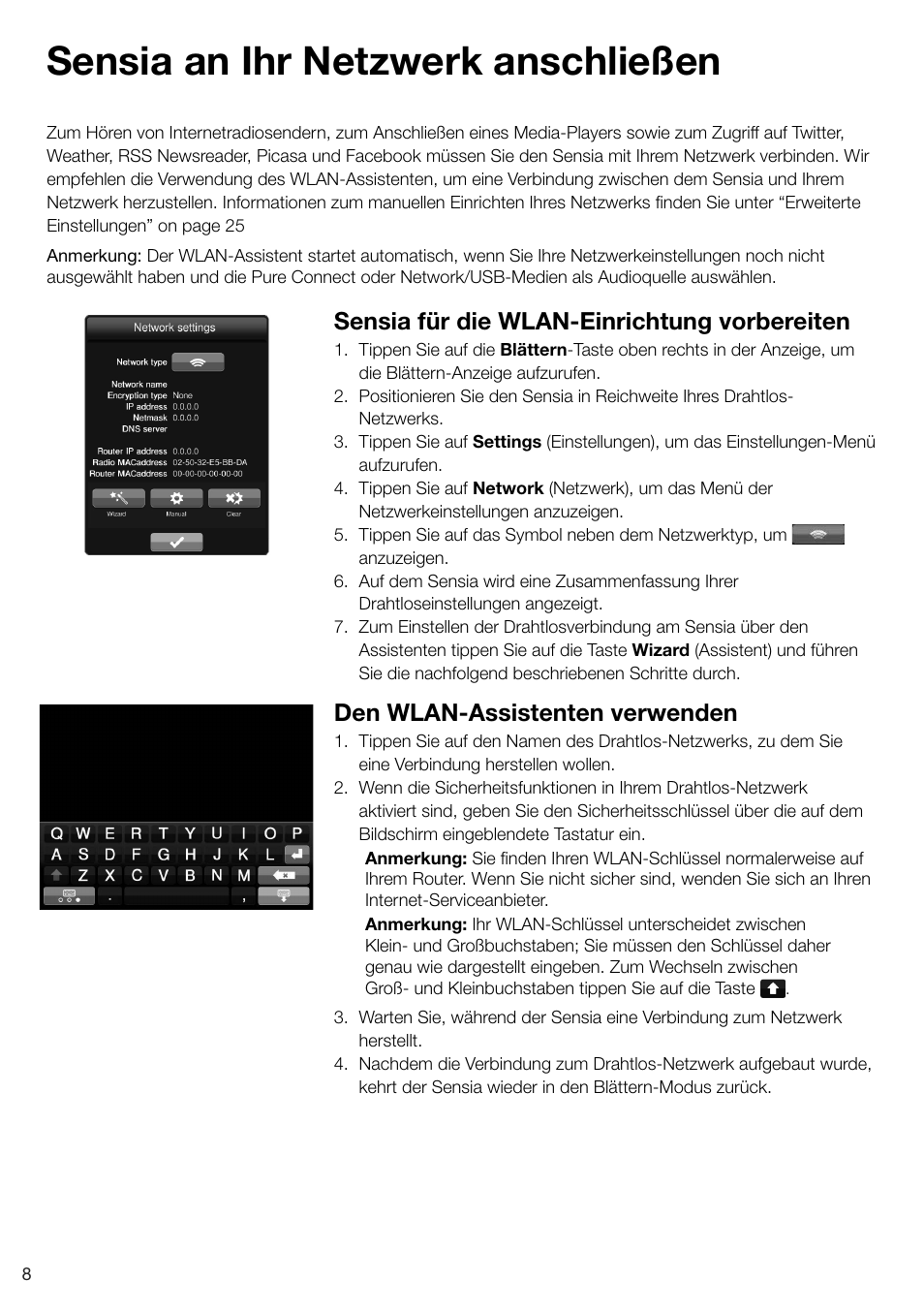 Sensia an ihr netzwerk anschließen, Sensia für die wlan-einrichtung vorbereiten, Den wlan-assistenten verwenden | Pure Sensia 200D Connect User Manual | Page 38 / 180