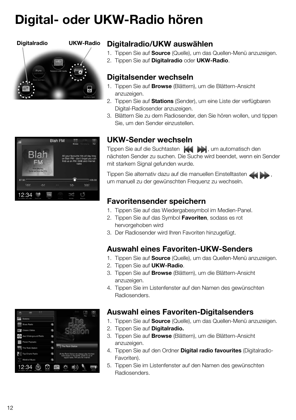 Digital- oder ukw-radio hören, Digitalradio/ukw auswählen, Digitalsender wechseln | Ukw-sender wechseln, Favoritensender speichern, Auswahl eines favoriten-ukw-senders, Auswahl eines favoriten-digitalsenders | Pure Sensia 200D Connect User Manual | Page 42 / 180