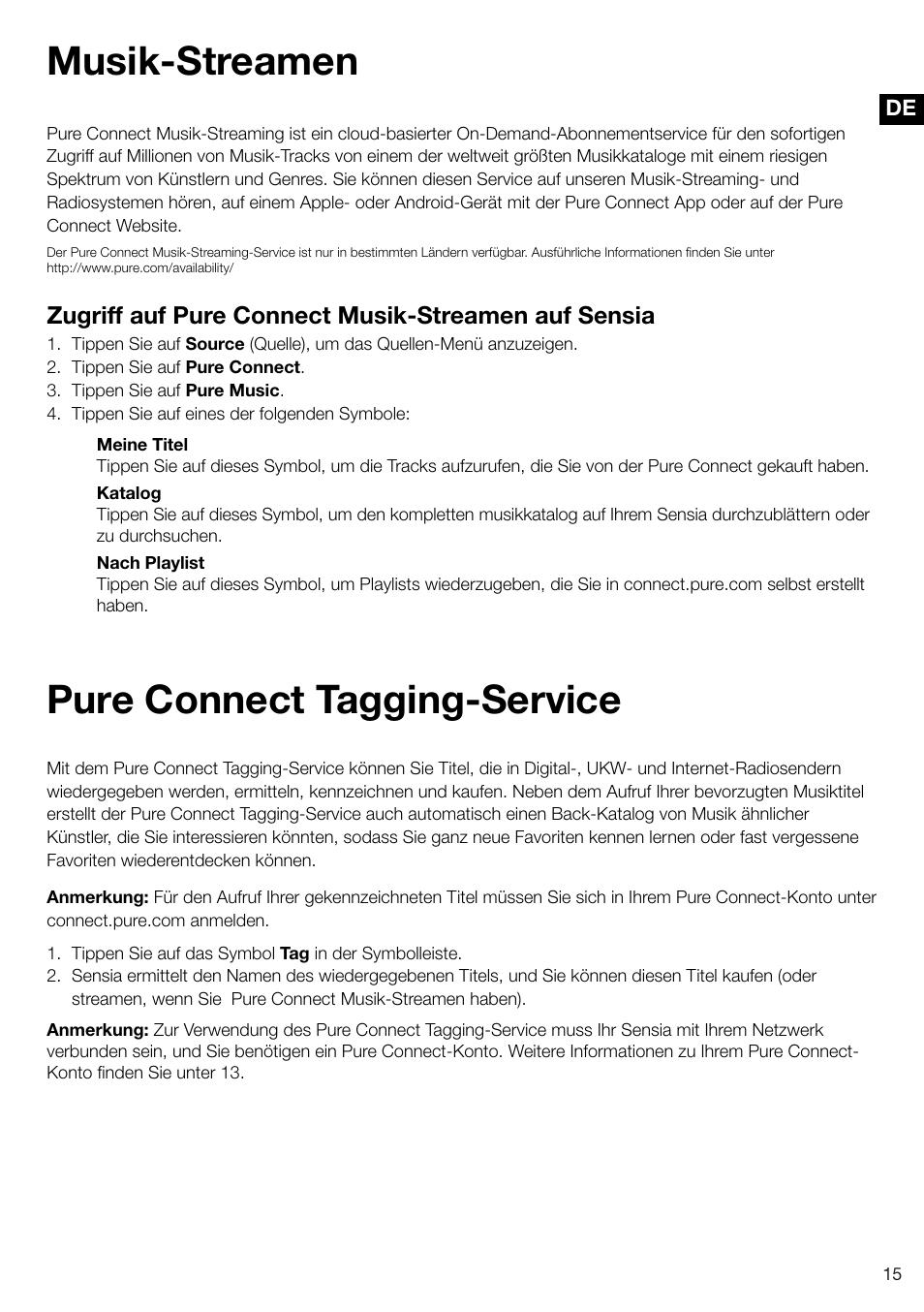 Musik-streamen, Pure connect tagging-service, Zugriff auf pure connect musik-streamen auf sensia | Pure Sensia 200D Connect User Manual | Page 45 / 180