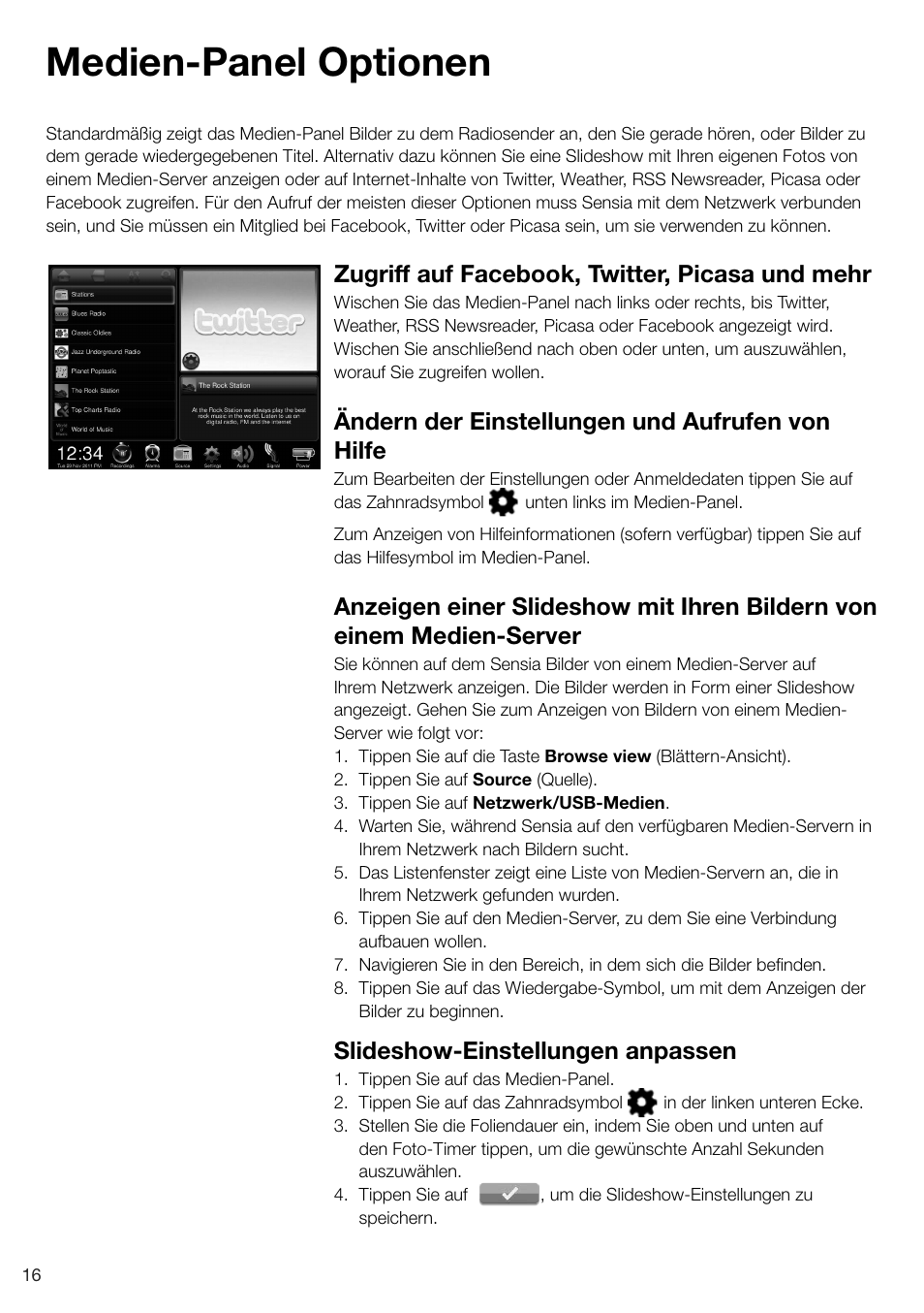 Medien-panel optionen, Zugriff auf facebook, twitter, picasa und mehr, Ändern der einstellungen und aufrufen von hilfe | Slideshow-einstellungen anpassen | Pure Sensia 200D Connect User Manual | Page 46 / 180