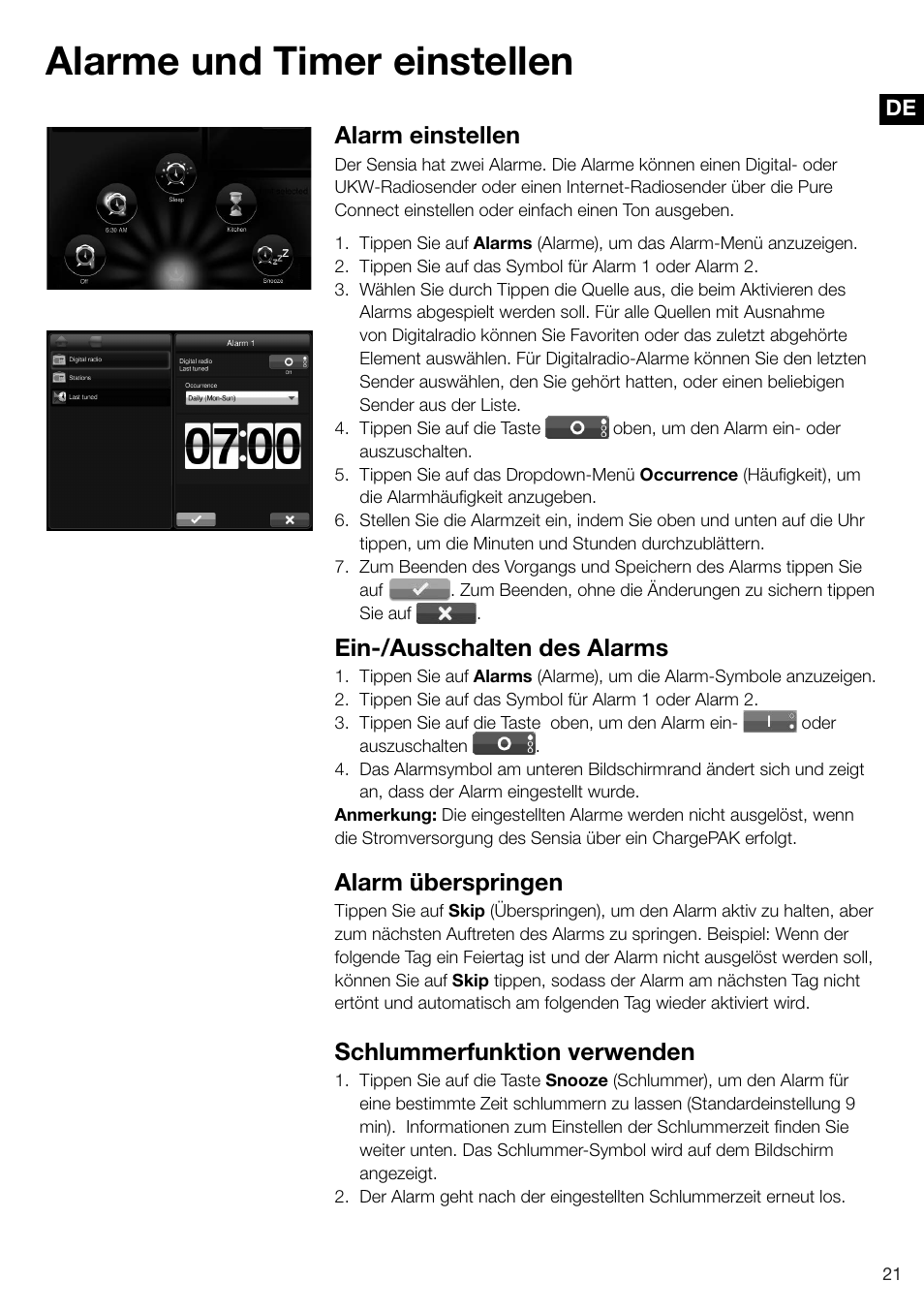 Alarme und timer einstellen, Alarm einstellen, Ein-/ausschalten des alarms | Alarm überspringen, Schlummerfunktion verwenden | Pure Sensia 200D Connect User Manual | Page 51 / 180