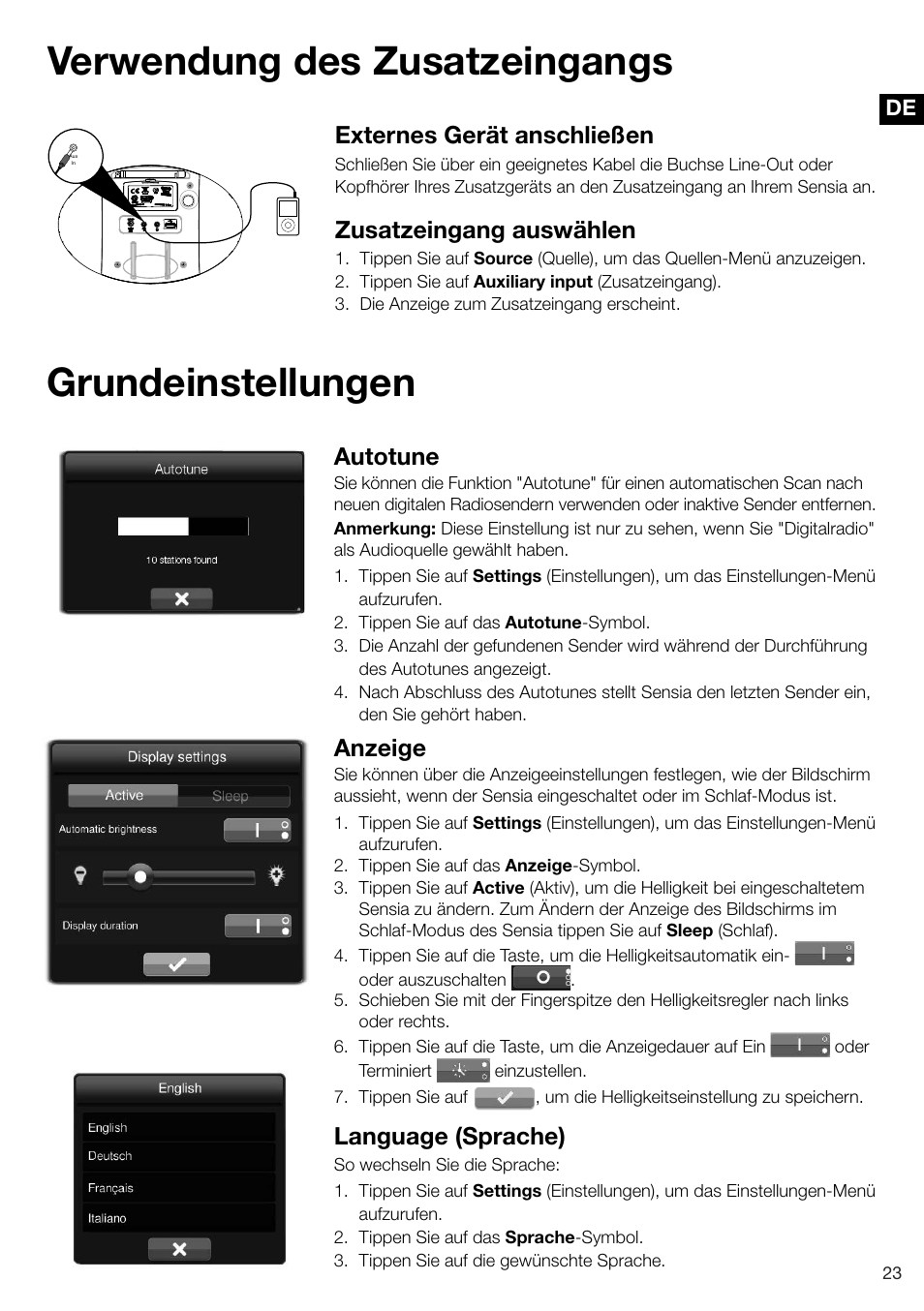 Verwendung des zusatzeingangs grundeinstellungen, Externes gerät anschließen, Zusatzeingang auswählen | Autotune, Anzeige, Language (sprache) | Pure Sensia 200D Connect User Manual | Page 53 / 180