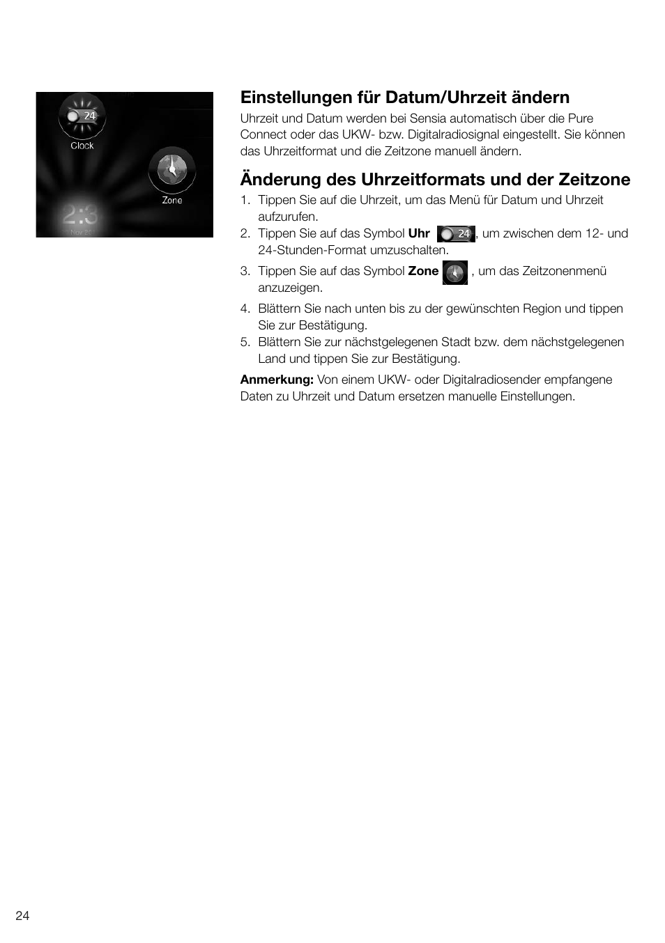 Einstellungen für datum/uhrzeit ändern, Änderung des uhrzeitformats und der zeitzone | Pure Sensia 200D Connect User Manual | Page 54 / 180