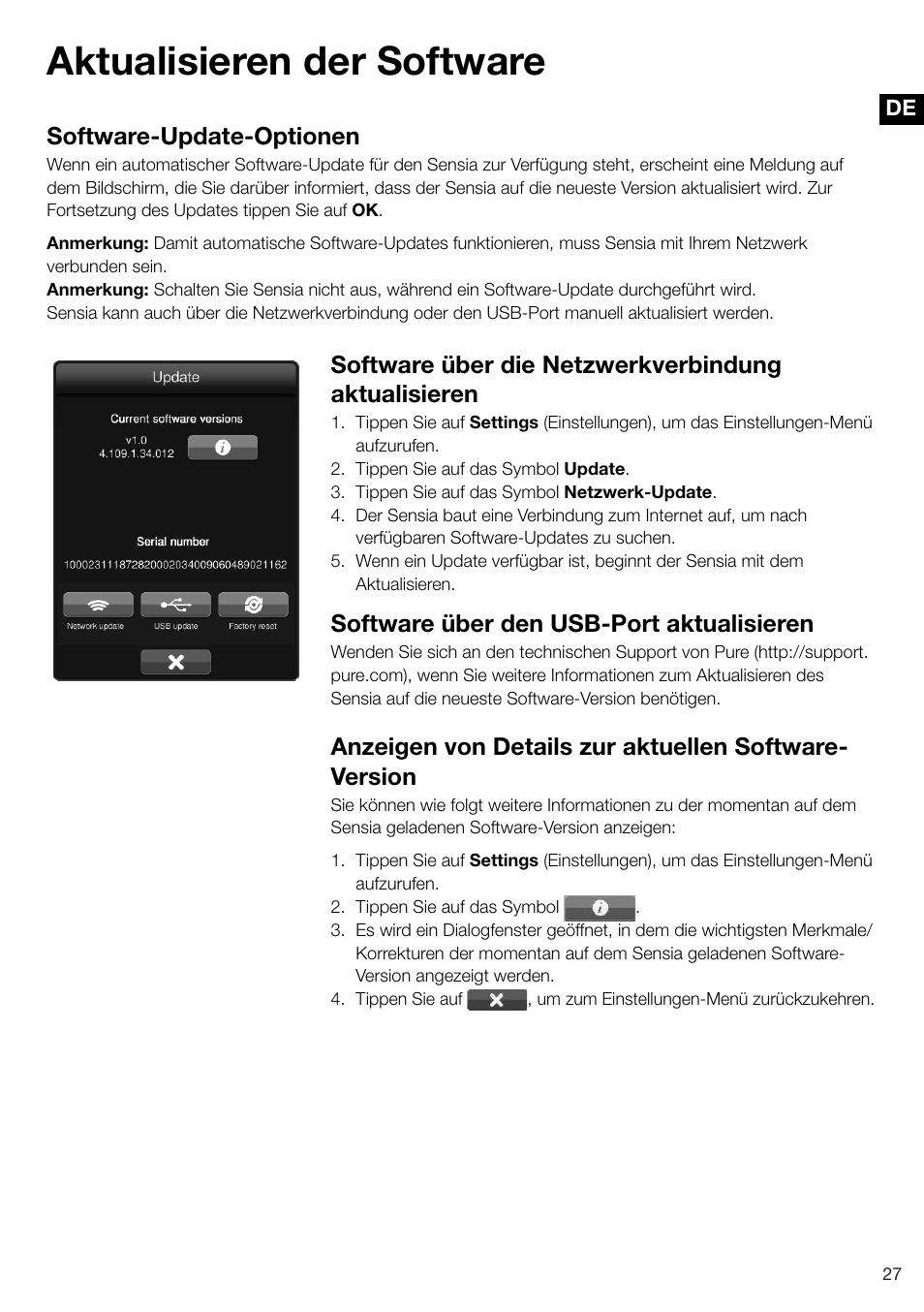 Aktualisieren der software, Software-update-optionen, Software über die netzwerkverbindung aktualisieren | Software über den usb-port aktualisieren | Pure Sensia 200D Connect User Manual | Page 57 / 180