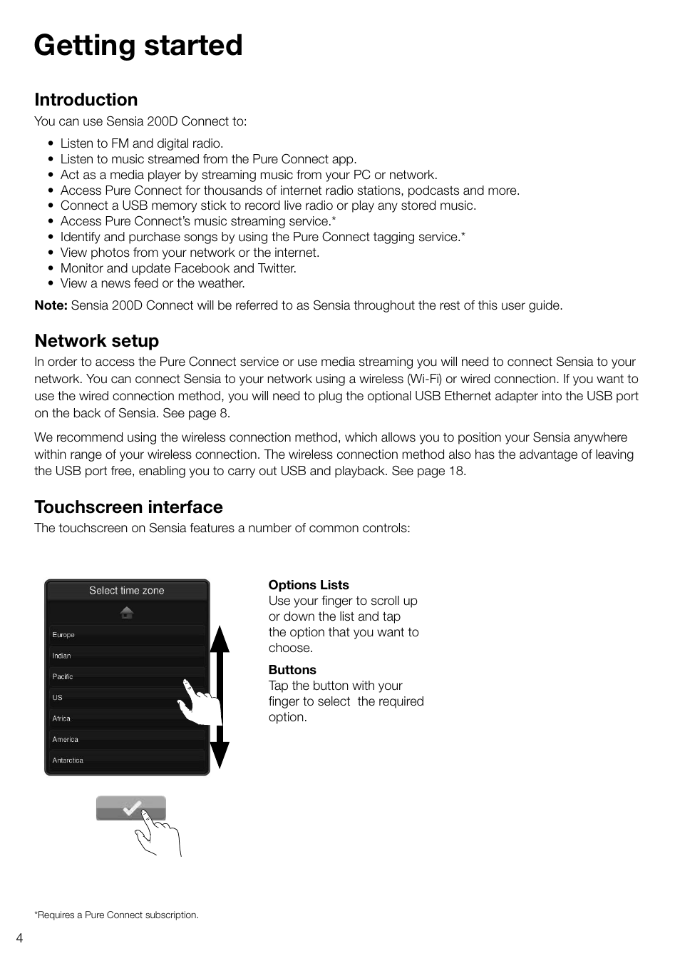 Getting started, Introduction, Network setup | Touchscreen interface | Pure Sensia 200D Connect User Manual | Page 6 / 180