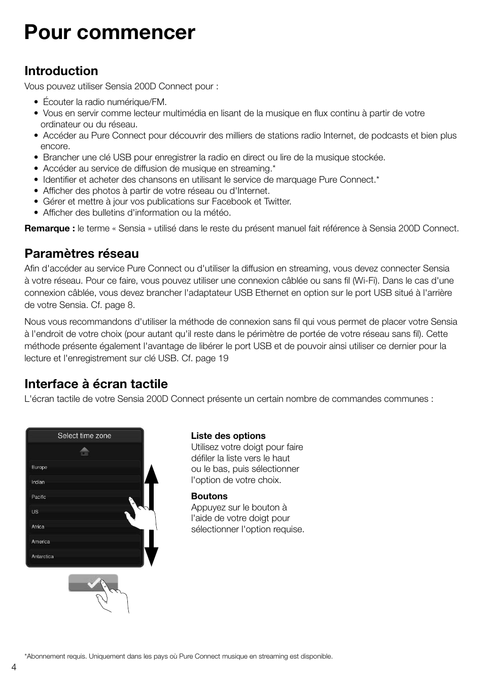 Pour commencer, Introduction, Paramètres réseau | Interface à écran tactile | Pure Sensia 200D Connect User Manual | Page 64 / 180