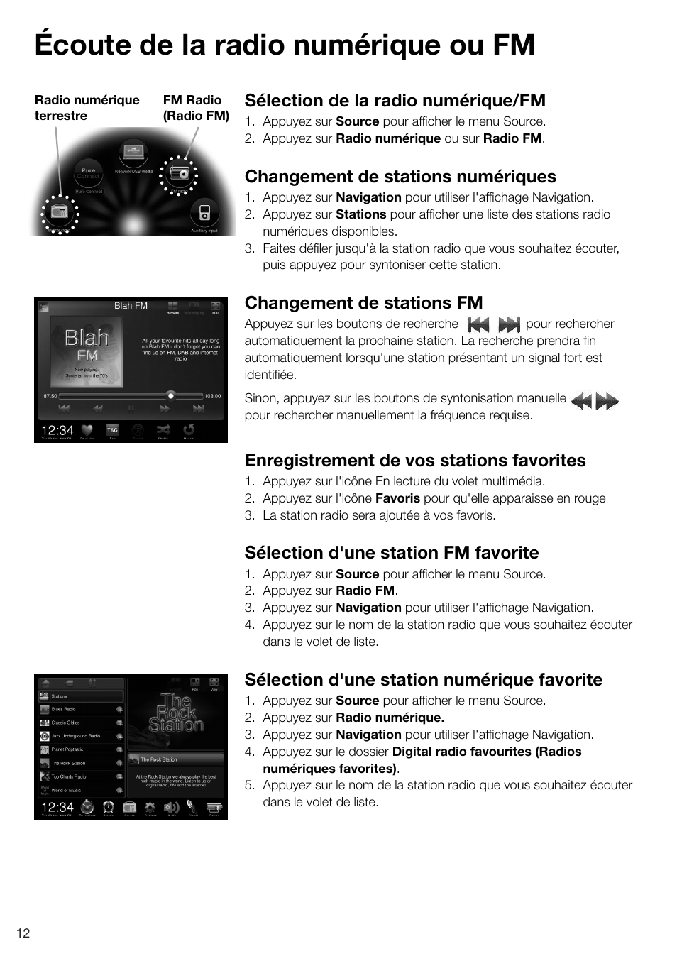 Écoute de la radio numérique ou fm, Sélection de la radio numérique/fm, Changement de stations numériques | Changement de stations fm, Enregistrement de vos stations favorites, Sélection d'une station fm favorite, Sélection d'une station numérique favorite | Pure Sensia 200D Connect User Manual | Page 72 / 180