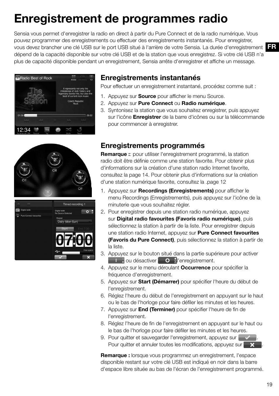 Enregistrement de programmes radio, Enregistrements instantanés, Enregistrements programmés | Pure Sensia 200D Connect User Manual | Page 79 / 180