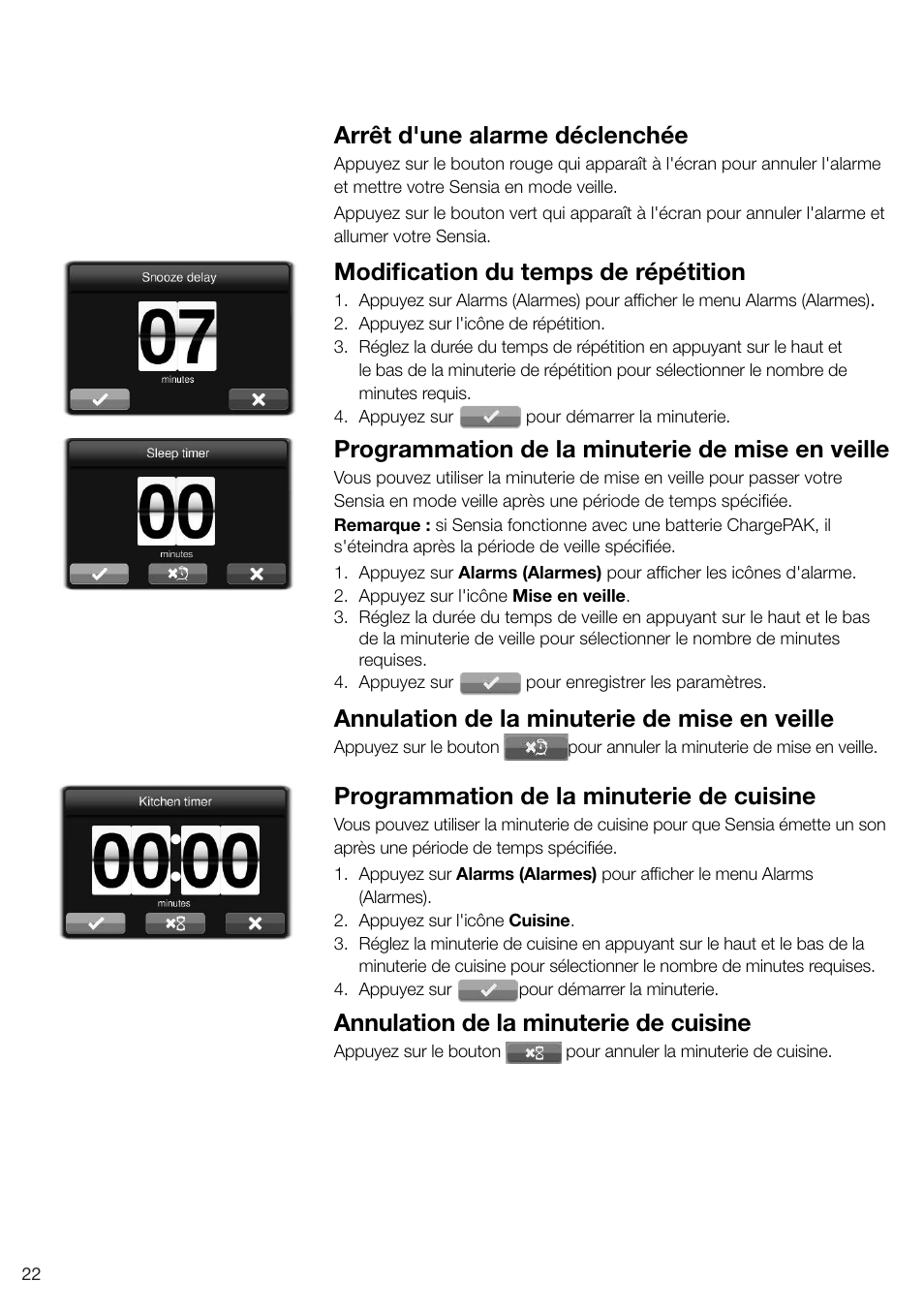 Arrêt d'une alarme déclenchée, Modification du temps de répétition, Programmation de la minuterie de mise en veille | Annulation de la minuterie de mise en veille, Programmation de la minuterie de cuisine, Annulation de la minuterie de cuisine | Pure Sensia 200D Connect User Manual | Page 82 / 180