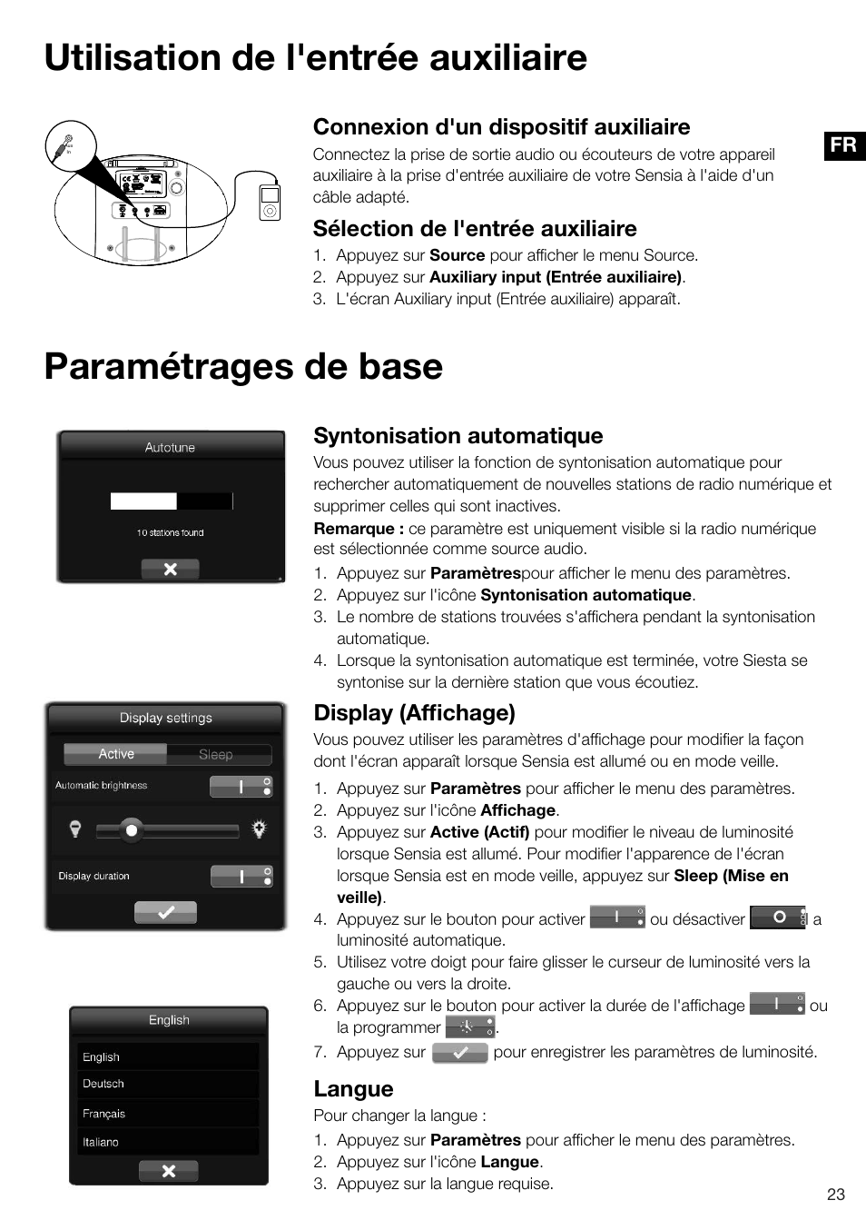 Connexion d'un dispositif auxiliaire, Sélection de l'entrée auxiliaire, Syntonisation automatique | Display (affichage), Langue | Pure Sensia 200D Connect User Manual | Page 83 / 180