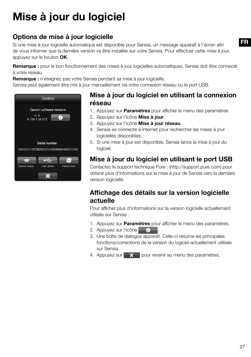 Mise à jour du logiciel, Options de mise à jour logicielle, Mise à jour du logiciel en utilisant le port usb | Pure Sensia 200D Connect User Manual | Page 87 / 180