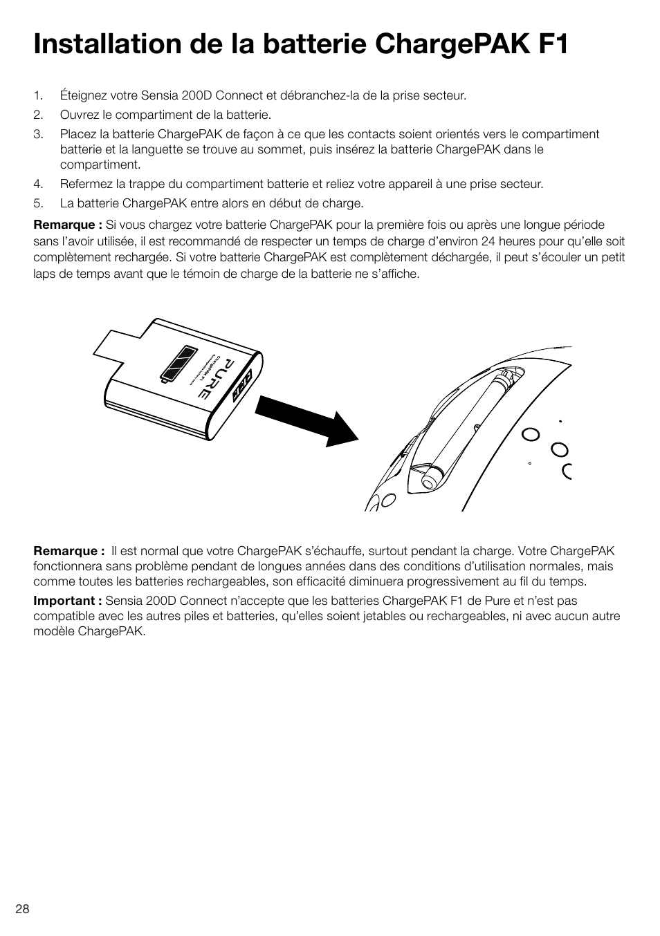 Installation de la batterie chargepak f1 | Pure Sensia 200D Connect User Manual | Page 88 / 180