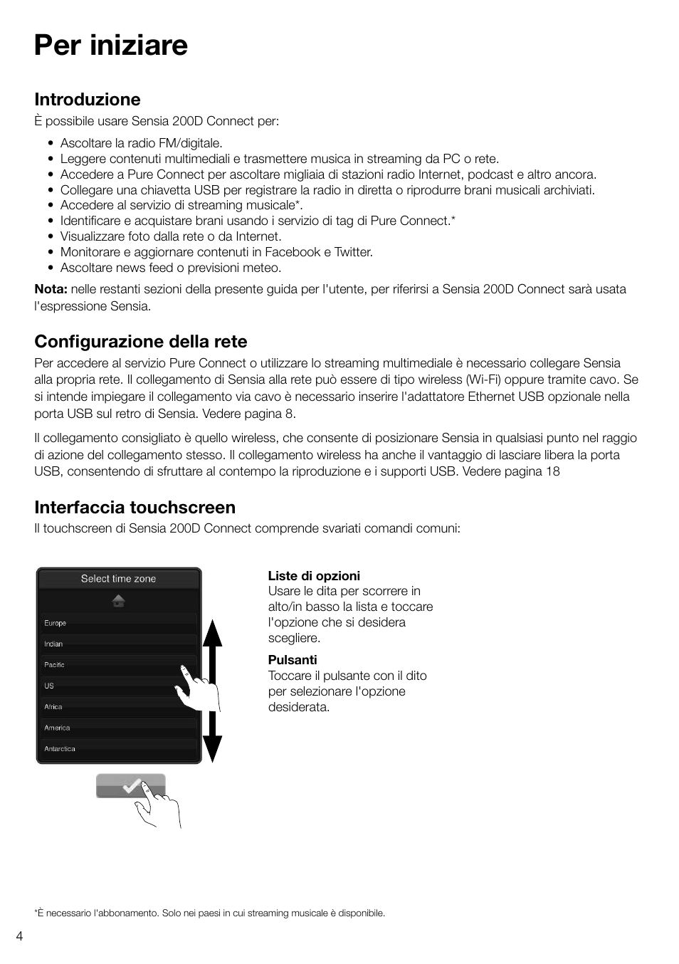 Per iniziare, Introduzione, Configurazione della rete | Interfaccia touchscreen | Pure Sensia 200D Connect User Manual | Page 94 / 180