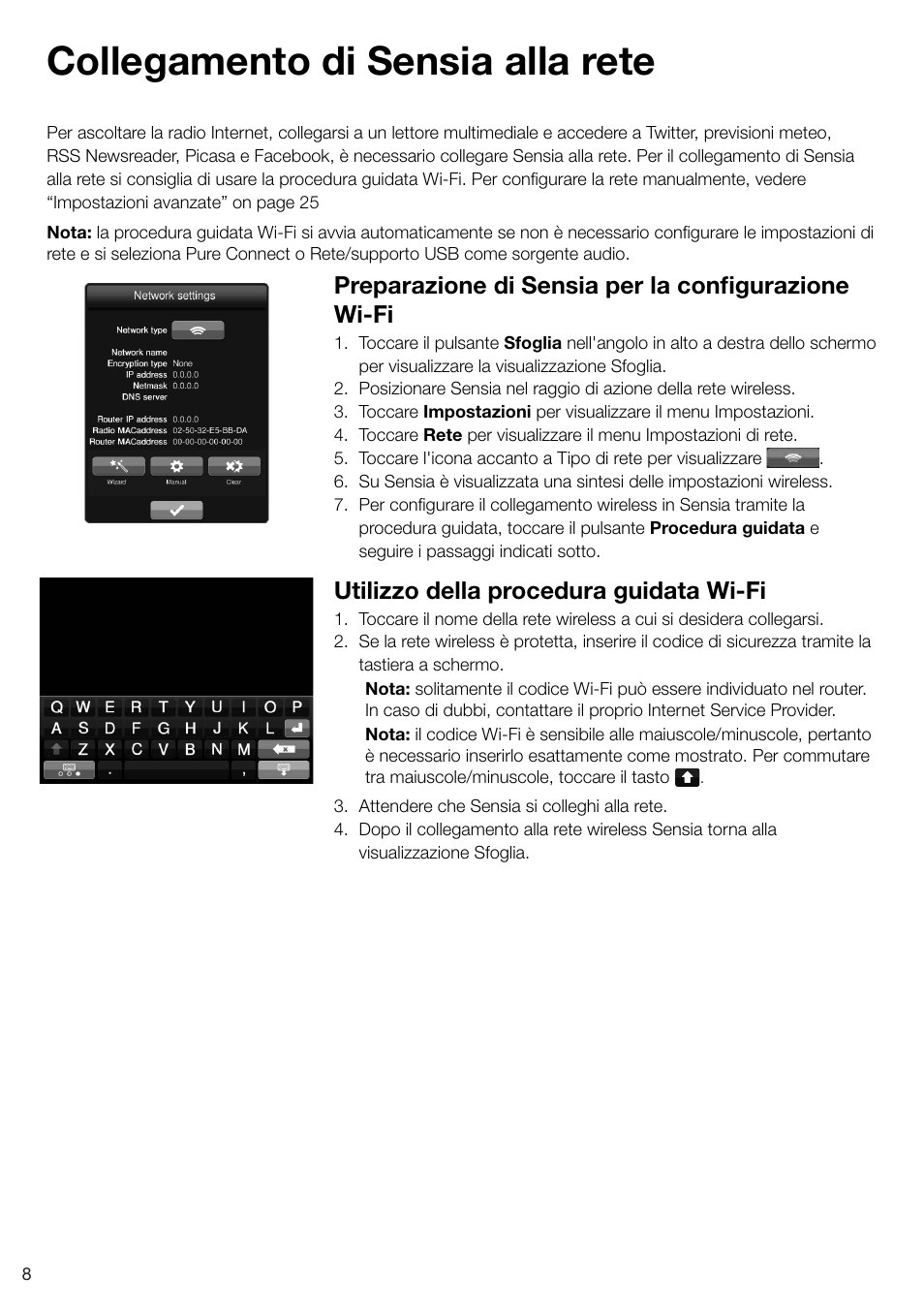 Collegamento di sensia alla rete, Preparazione di sensia per la configurazione wi-fi, Utilizzo della procedura guidata wi-fi | Pure Sensia 200D Connect User Manual | Page 98 / 180