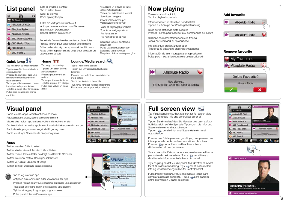 List panel, Now playing, Visual panel full screen view | Pure Sensia - Quick Start Guide User Manual | Page 2 / 4