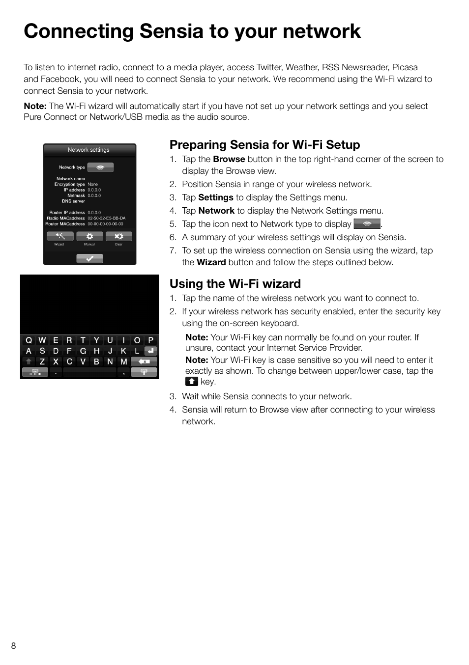 Connecting sensia to your network, Preparing sensia for wi-fi setup, Using the wi-fi wizard | Pure Sensia - User Guide User Manual | Page 10 / 24