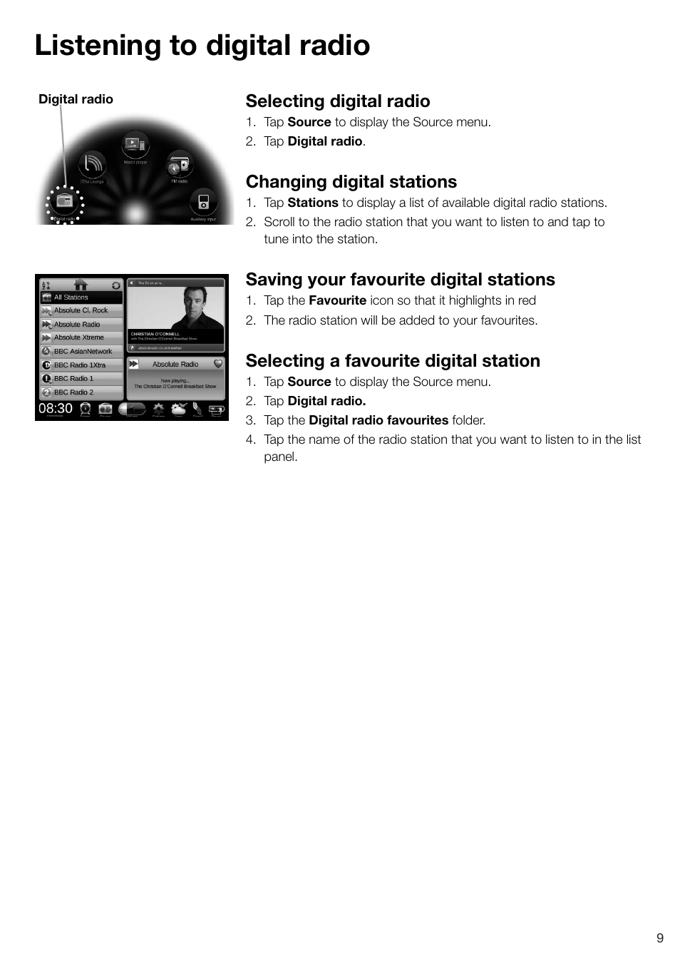 Listening to digital radio, Selecting digital radio, Changing digital stations | Saving your favourite digital stations, Selecting a favourite digital station | Pure Sensia - User Guide User Manual | Page 11 / 24