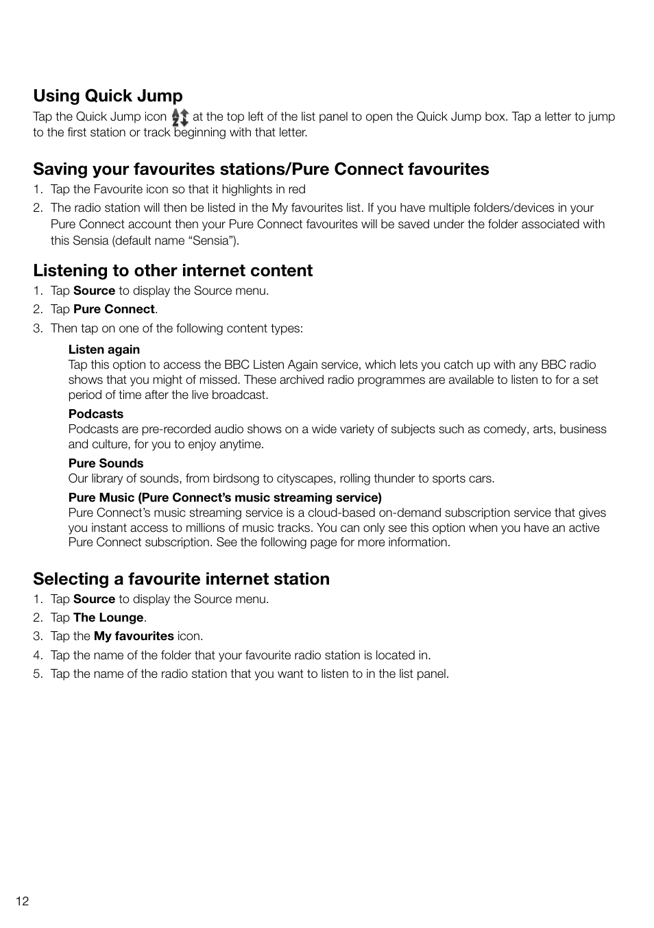 Using quick jump, Listening to other internet content, Selecting a favourite internet station | Pure Sensia - User Guide User Manual | Page 14 / 24