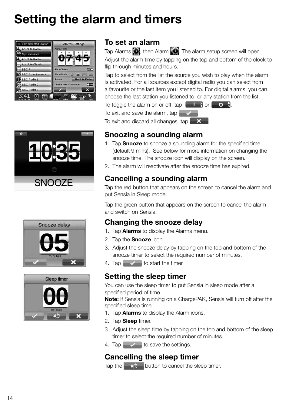 Setting the alarm and timers, Snoozing a sounding alarm, Cancelling a sounding alarm | Changing the snooze delay, Setting the sleep timer, Cancelling the sleep timer | Pure Sensia - User Guide User Manual | Page 16 / 24
