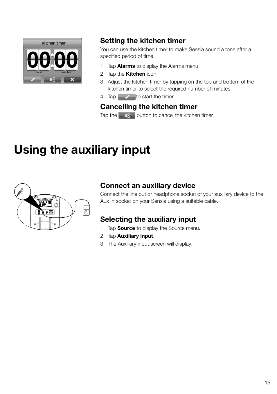 Using the auxiliary input, Connect an auxiliary device, Selecting the auxiliary input | Setting the kitchen timer, Cancelling the kitchen timer | Pure Sensia - User Guide User Manual | Page 17 / 24