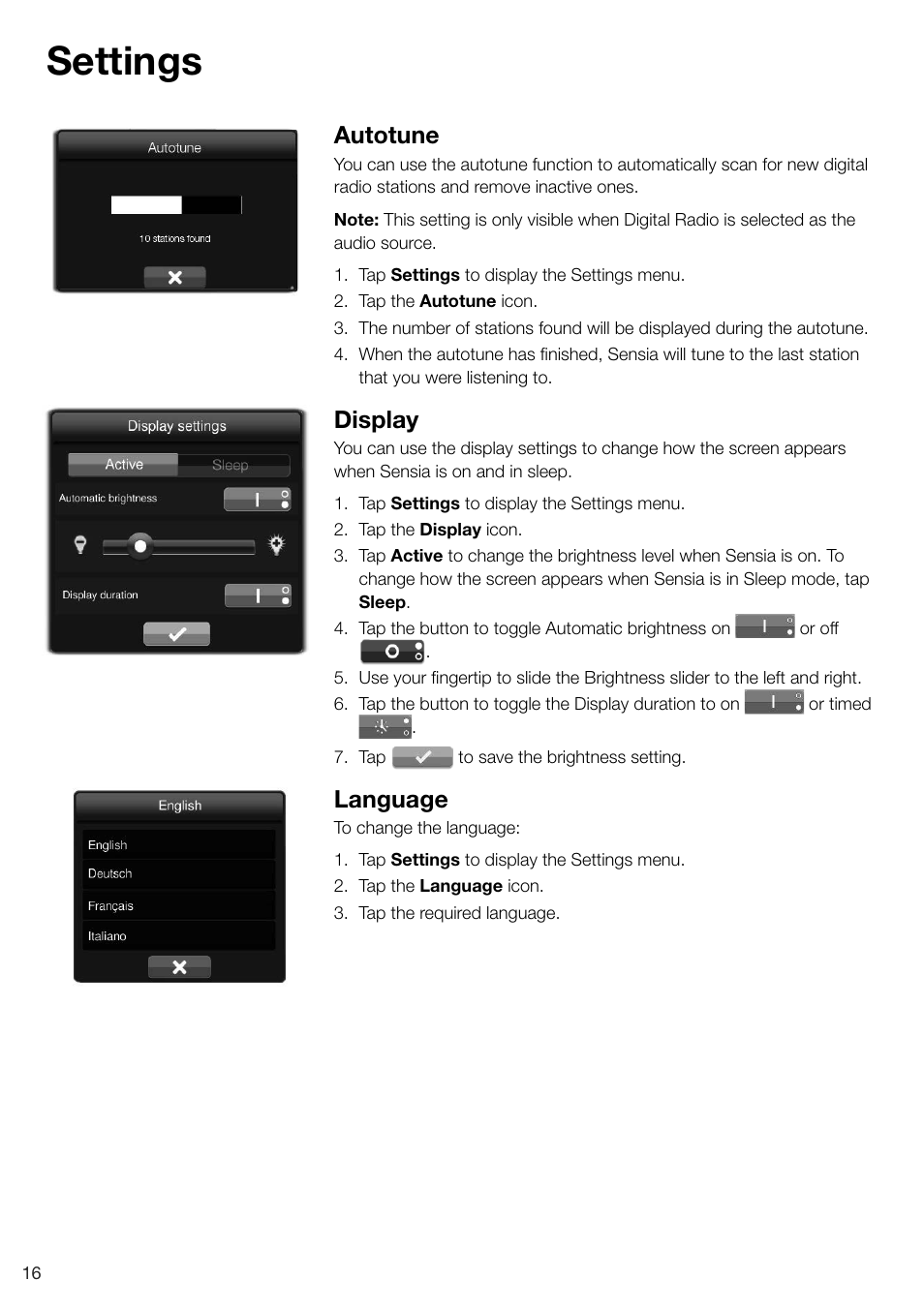 Settings, Autotune, Display | Language | Pure Sensia - User Guide User Manual | Page 18 / 24