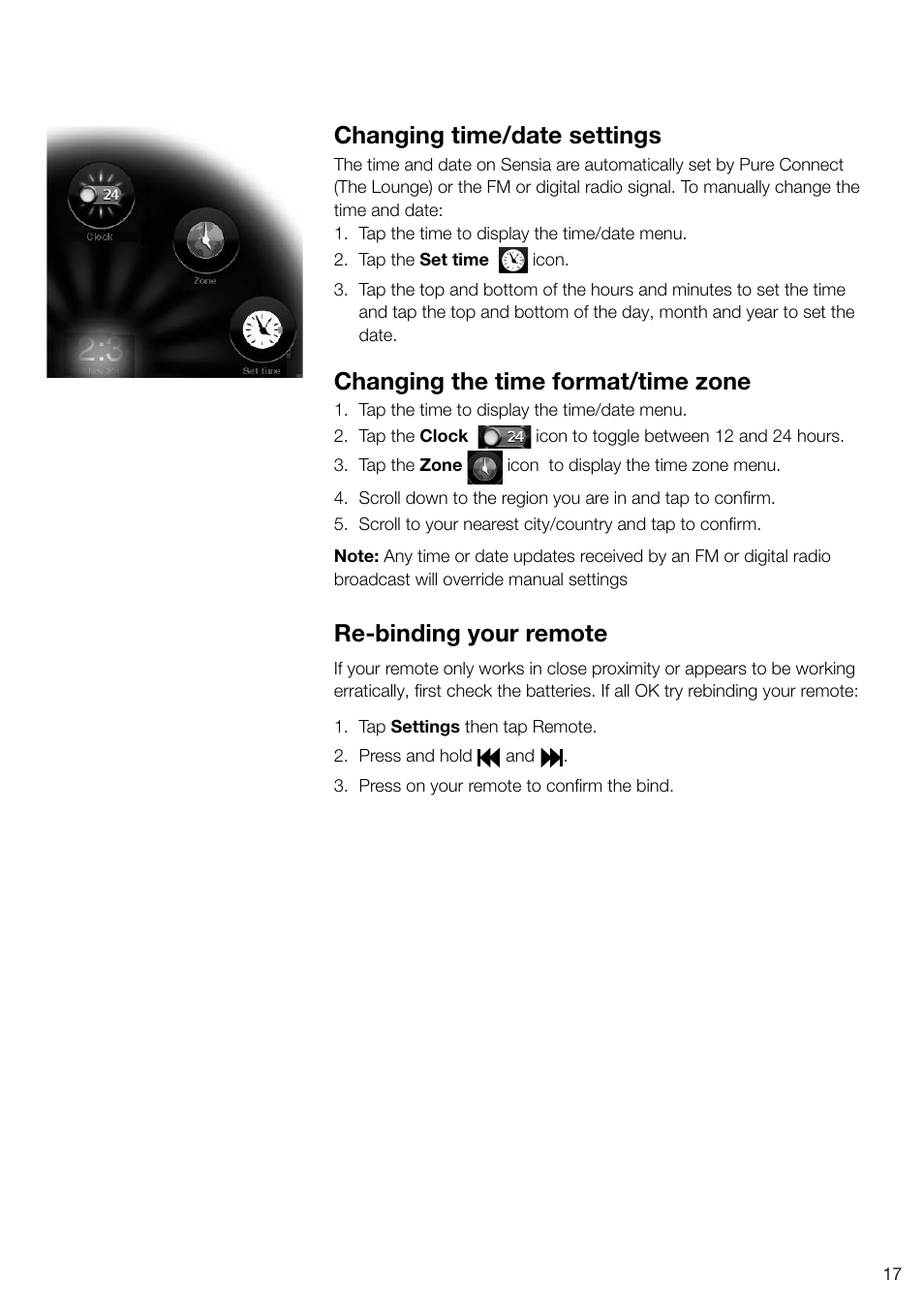 Re-binding your remote, Changing time/date settings, Changing the time format/time zone | Pure Sensia - User Guide User Manual | Page 19 / 24