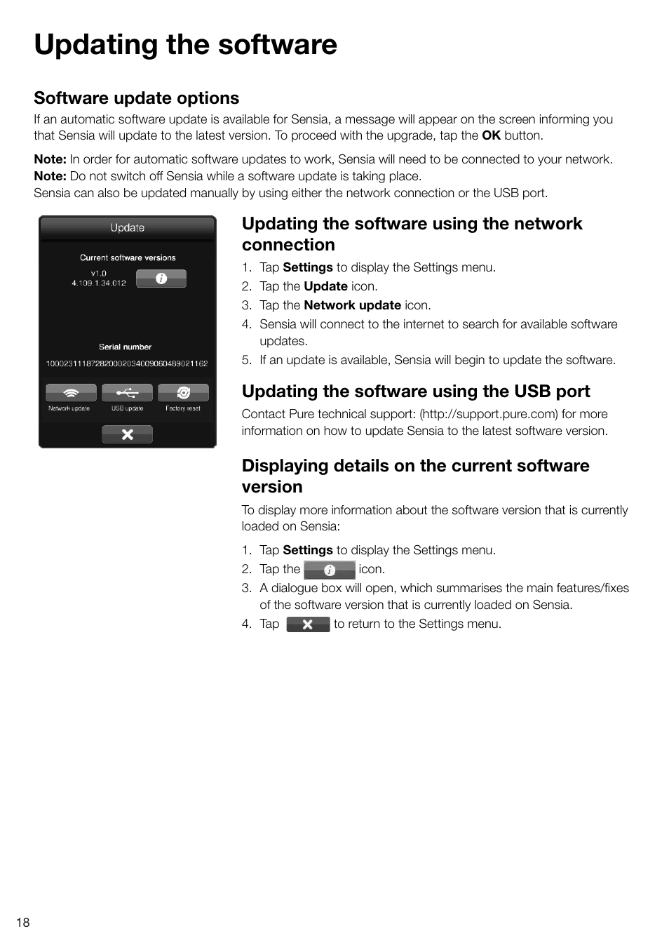 Updating the software, Software update options, Updating the software using the network connection | Updating the software using the usb port, Displaying details on the current software version | Pure Sensia - User Guide User Manual | Page 20 / 24