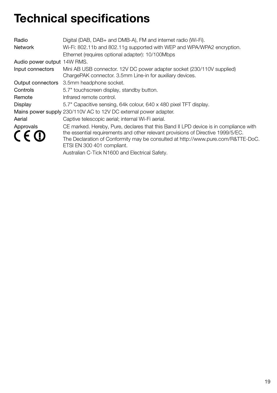 Technical specifications | Pure Sensia - User Guide User Manual | Page 21 / 24