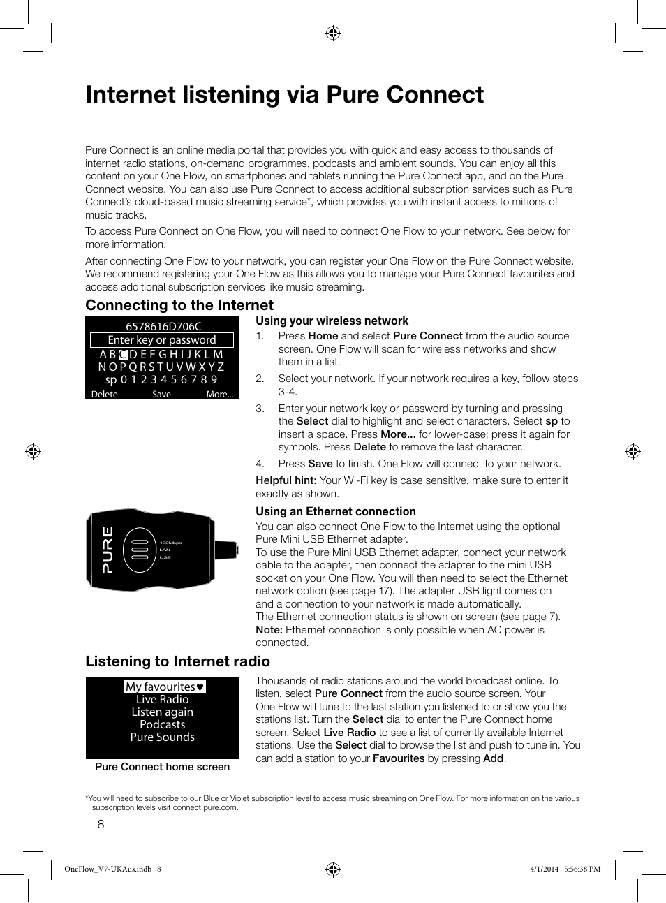 Internet listening via pure connect, Connecting to the internet, Listening to internet radio | Pure ONE Flow User Manual | Page 10 / 24