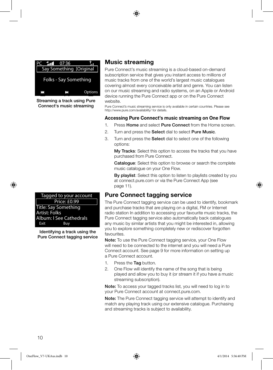 Music streaming, Pure connect tagging service | Pure ONE Flow User Manual | Page 12 / 24