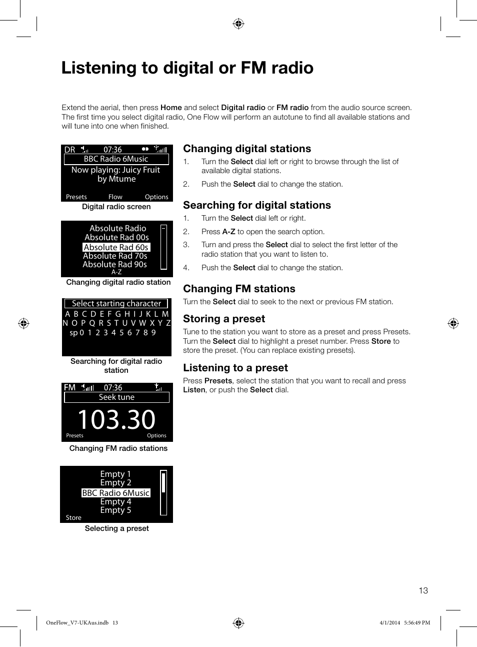 Listening to digital or fm radio, Changing digital stations, Searching for digital stations | Changing fm stations, Storing a preset, Listening to a preset | Pure ONE Flow User Manual | Page 15 / 24