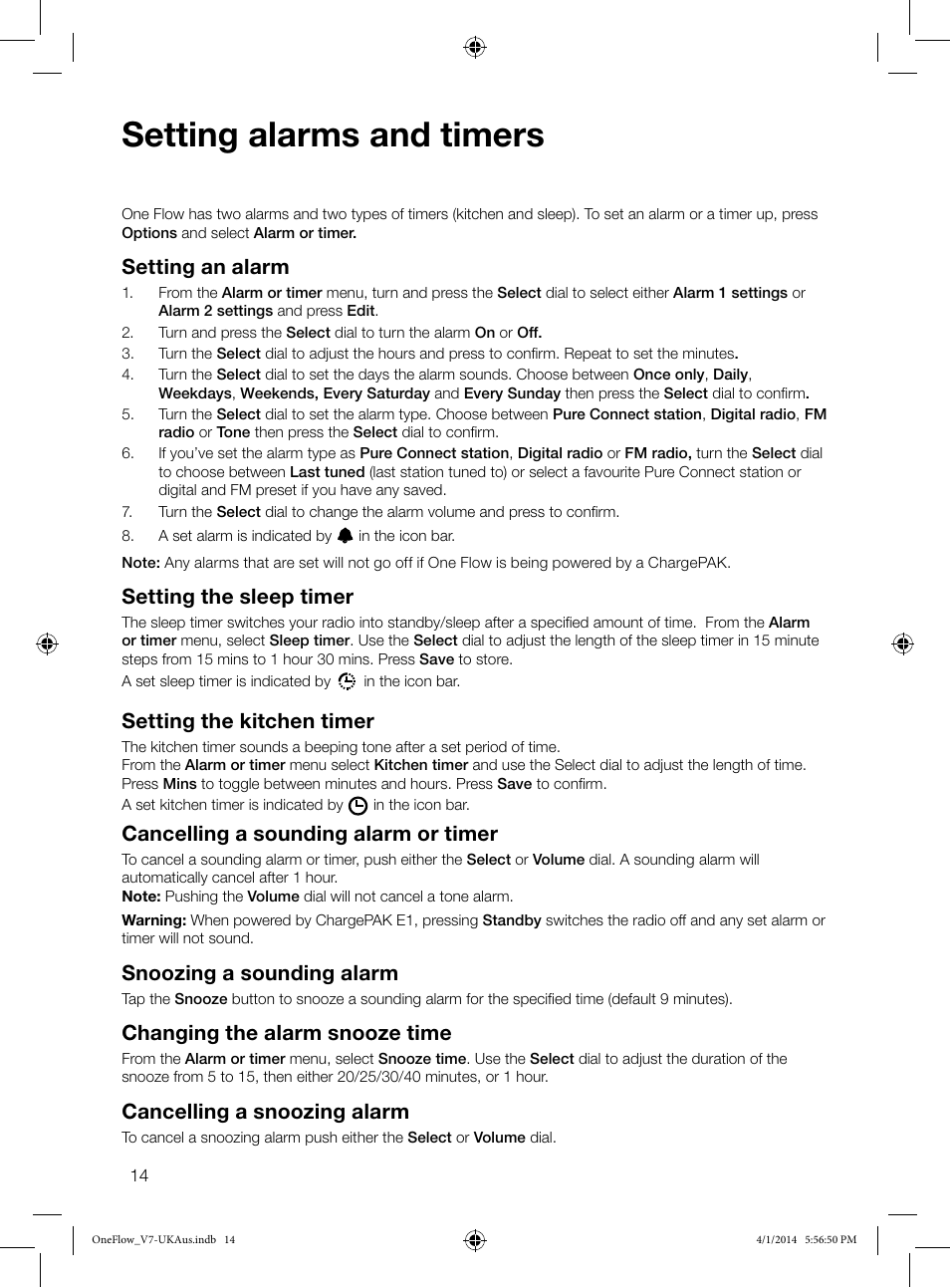 Setting alarms and timers, Setting an alarm, Setting the sleep timer | Setting the kitchen timer, Cancelling a sounding alarm or timer, Snoozing a sounding alarm, Changing the alarm snooze time, Cancelling a snoozing alarm | Pure ONE Flow User Manual | Page 16 / 24