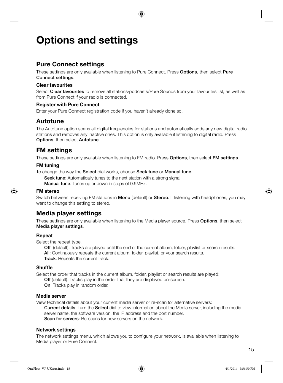 Options and settings, Pure connect settings, Autotune | Fm settings, Media player settings | Pure ONE Flow User Manual | Page 17 / 24